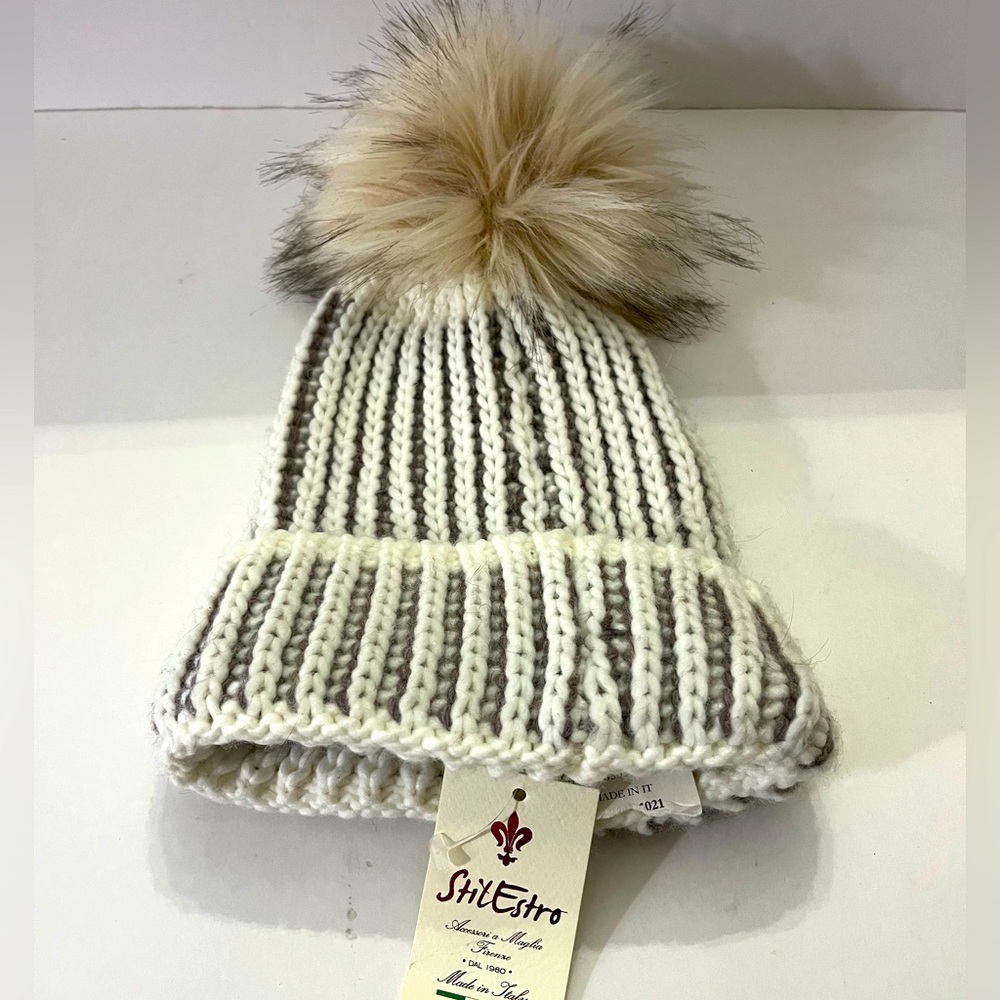 Alpaca Blend Beanie Winter Hat Faux Fur Pompom Taupe Made in Italy StilEstro